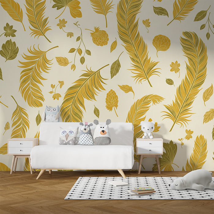 Papier peint chambre bébé | Plumes et feuilles dans des tons dorés et verts