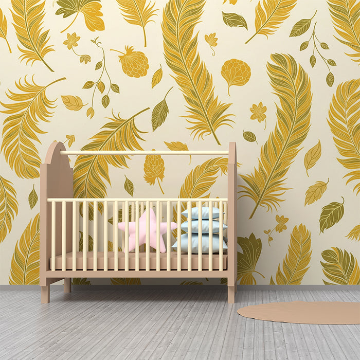 Papier peint chambre bébé | Plumes et feuilles dans des tons dorés et verts