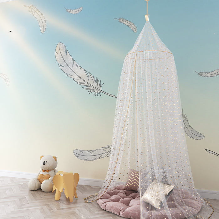 Papier peint chambre bébé | Plumes légères flottant dans un ciel apaisant