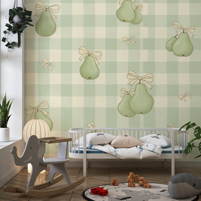 **Text tradus:**

Tapet cameră bebeluș | Pere delicate pe fund vichy verde și crem

**Slug (SEO):** tapet-camera-bebelus-pere-delicate-fond-vichy-verde-si-crem