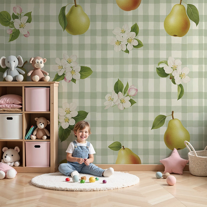 Behang babykamer | Perenbomen en bloemen op groene ruitjesachtergrond
