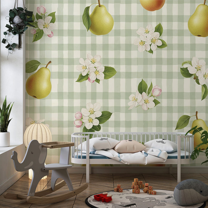 Behang babykamer | Perenbomen en bloemen op groene ruitjesachtergrond