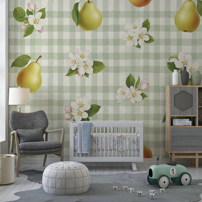 Behang babykamer | Perenbomen en bloemen op groene ruitjesachtergrond