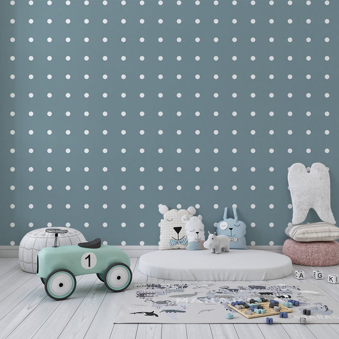 Papel de parede para quarto de bebé | Bolinhas brancas sobre fundo azul sereno