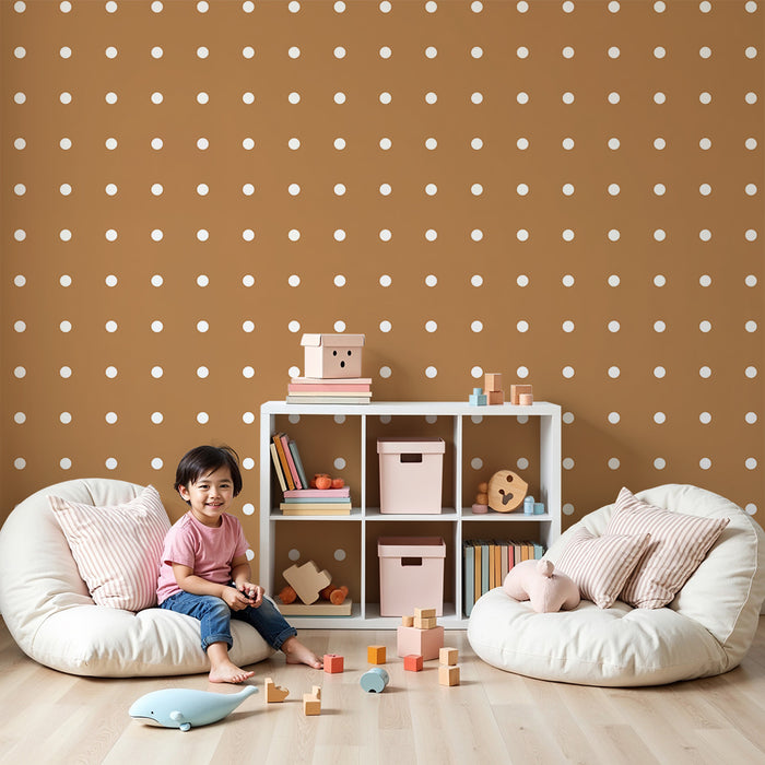 Papel de parede para quarto de bebé | Bolinhas brancas sobre fundo laranja