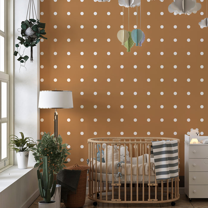 Papel de parede para quarto de bebé | Bolinhas brancas sobre fundo laranja