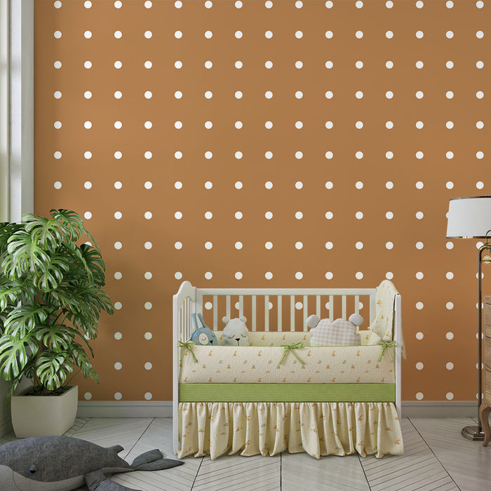 Papel de parede para quarto de bebé | Bolinhas brancas sobre fundo laranja