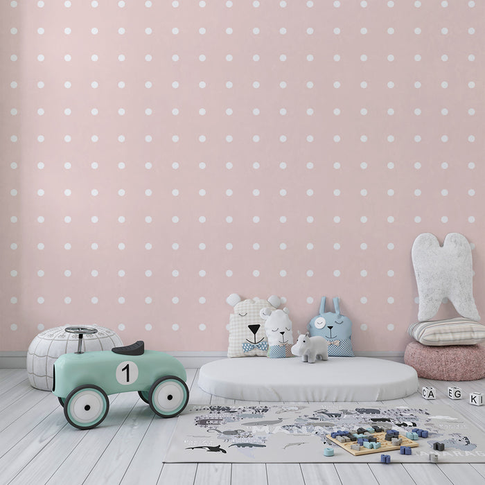 Papel de parede para quarto de bebé | Bolinhas brancas sobre fundo rosa suave