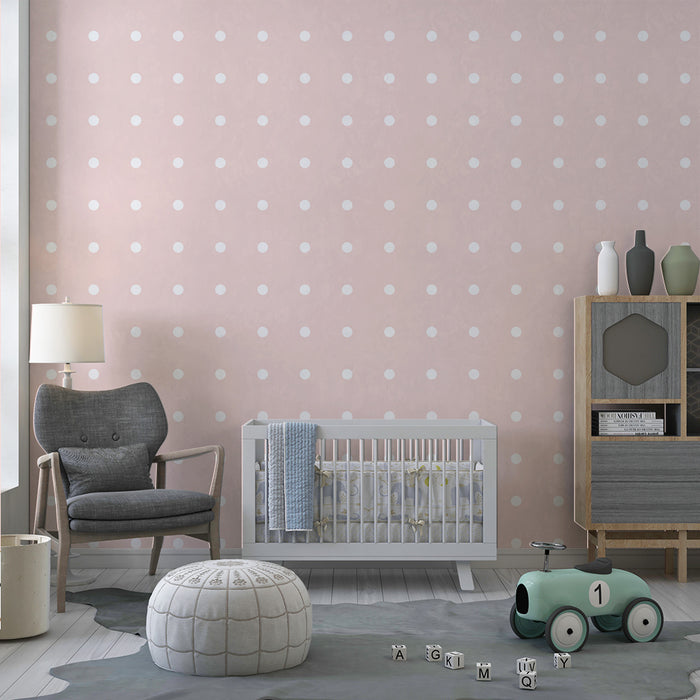 Papel de parede para quarto de bebé | Bolinhas brancas sobre fundo rosa suave