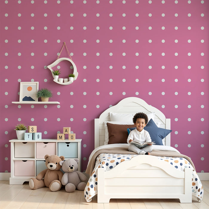 Papel de parede para quarto de bebé | Bolinhas brancas sobre fundo rosa suave