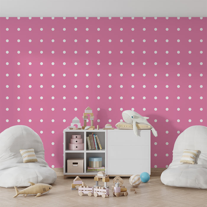 Papel de parede para quarto de bebé | Bolinhas brancas sobre fundo rosa suave