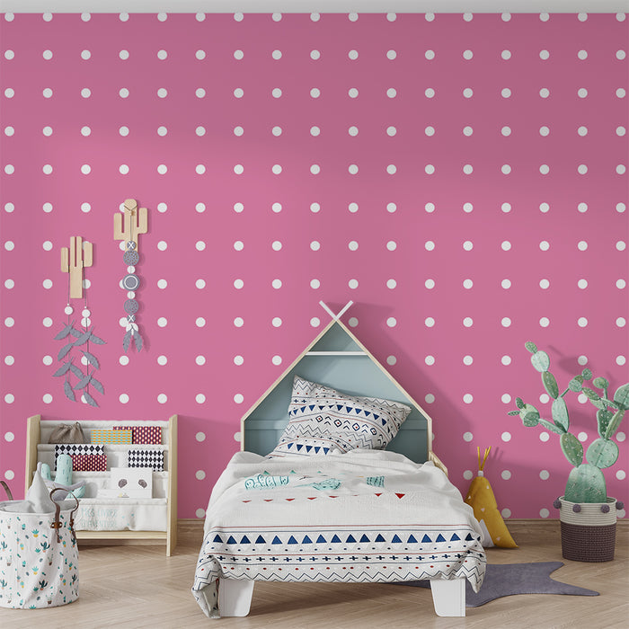 Papel de parede para quarto de bebé | Bolinhas brancas sobre fundo rosa suave