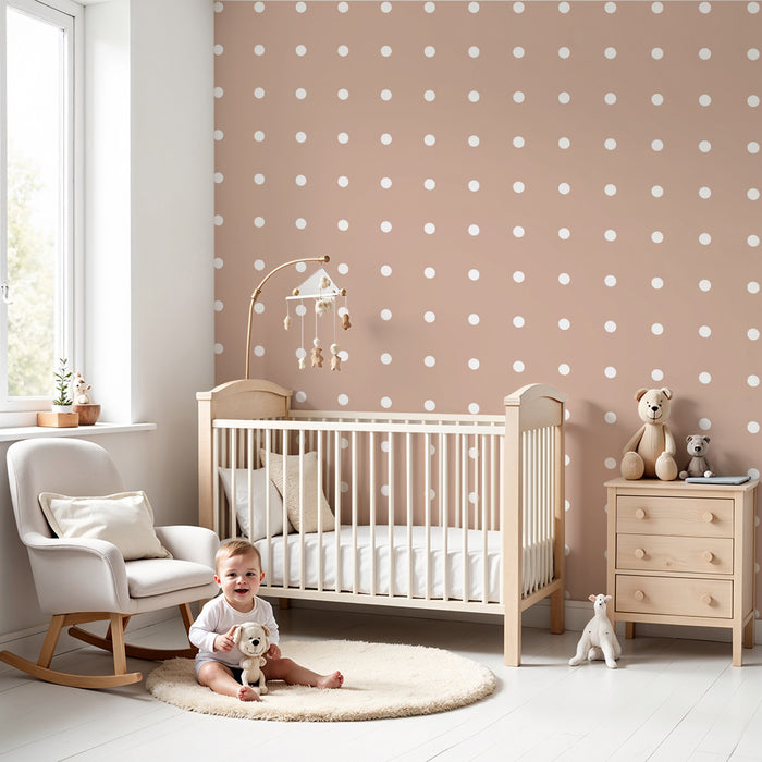 Papel de parede quarto bebê | Bolinhas brancas em fundo taupe