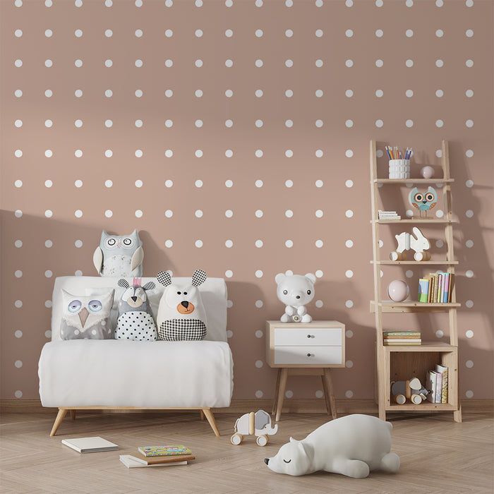 Papel de parede quarto bebê | Bolinhas brancas em fundo taupe
