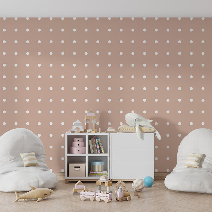 Papel de parede quarto bebê | Bolinhas brancas em fundo taupe