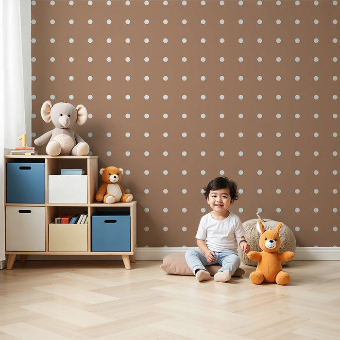 Papel de parede para quarto de bebé | Bolinhas brancas sobre fundo terracota suave