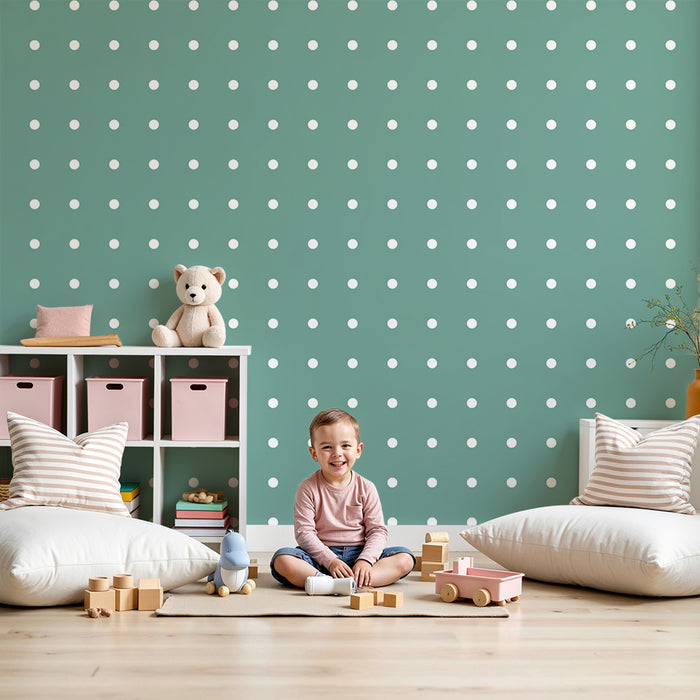 Papel de parede para quarto de bebé | Bolinhas brancas sobre fundo verde suave