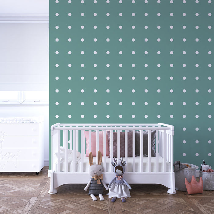 Papel de parede para quarto de bebé | Bolinhas brancas sobre fundo verde suave