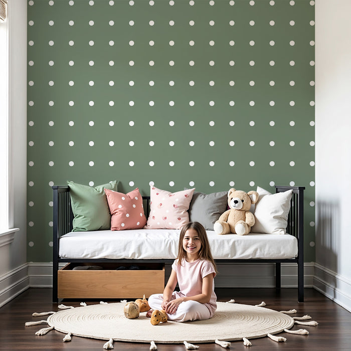 Papel de parede para quarto de bebé | Bolinhas brancas sobre fundo verde suave