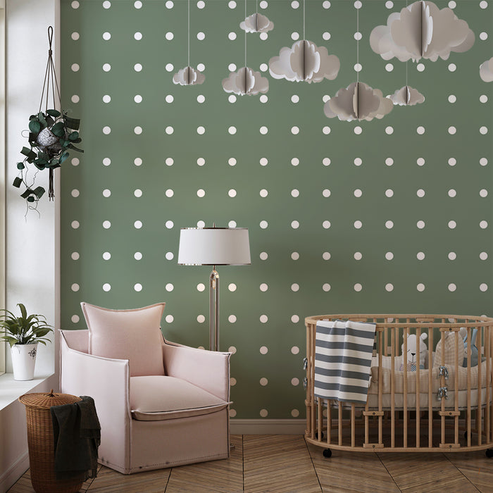 Papel de parede para quarto de bebé | Bolinhas brancas sobre fundo verde suave