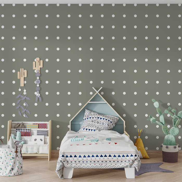 Papier peint chambre bébé | Pois blancs sur fond vert kaki