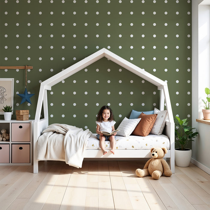 Papel de parede para quarto de bebé | Bolinhas brancas sobre fundo verde azeitona para um ambiente suave