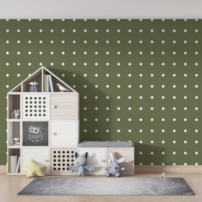 Papel de parede para quarto de bebé | Bolinhas brancas sobre fundo verde azeitona para um ambiente suave