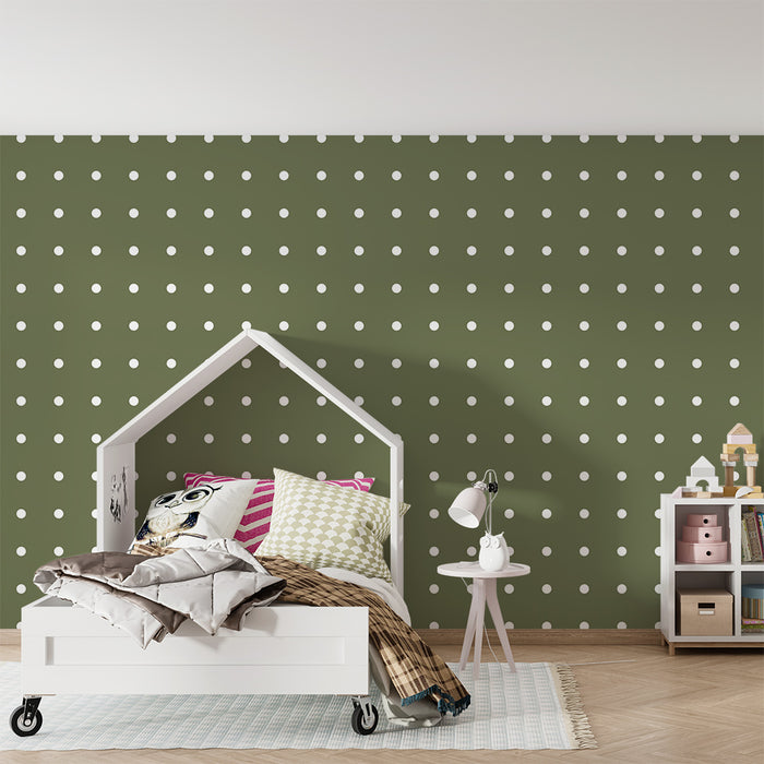 Papel de parede para quarto de bebé | Bolinhas brancas sobre fundo verde azeitona para um ambiente suave