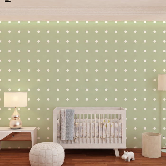 Papel de parede quarto bebê | Bolinhas brancas em fundo verde sálvia