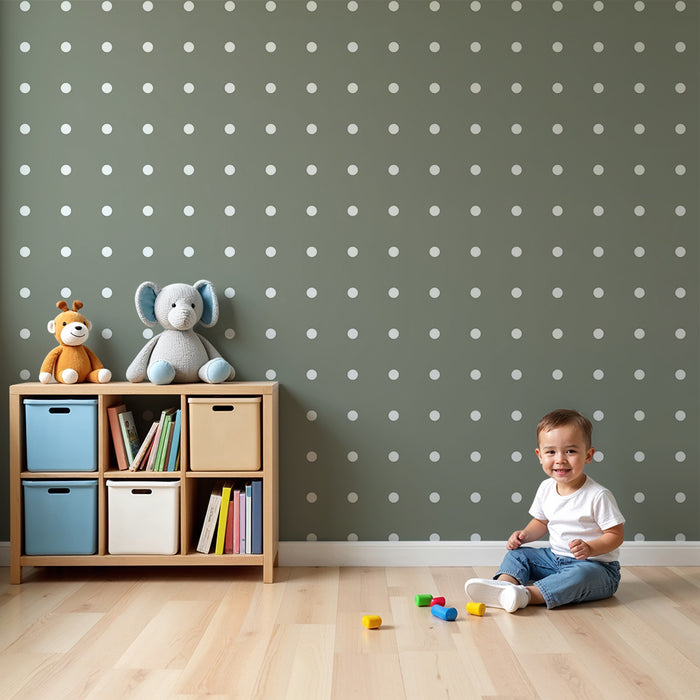 Papel de parede para quarto de bebé | Bolinhas brancas sobre fundo verde-sálvia escuro