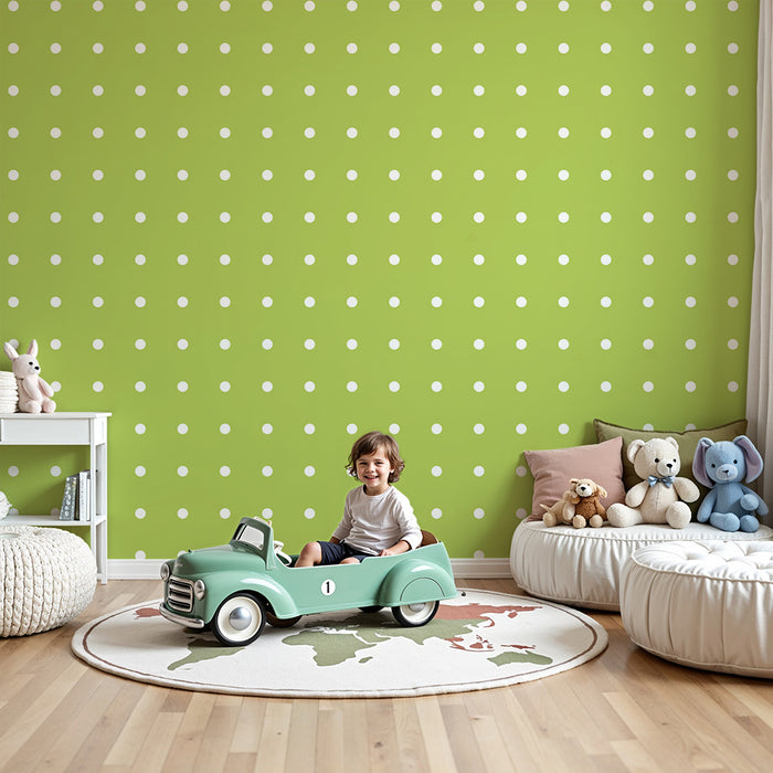 Papel de parede para quarto de bebé | Bolinhas brancas sobre fundo verde suave