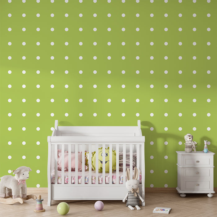 Børneværelse tapet | Hvide prikker på lysegrøn baggrund