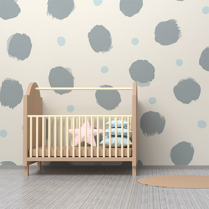 **Tapet till babyrummet | Grå och blå prickar på crèmefärgad botten**