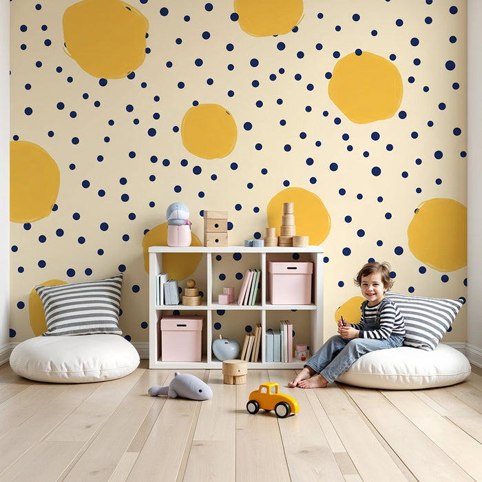 Papel de parede para quarto de bebé | Bolinhas amarelas e azuis sobre fundo creme