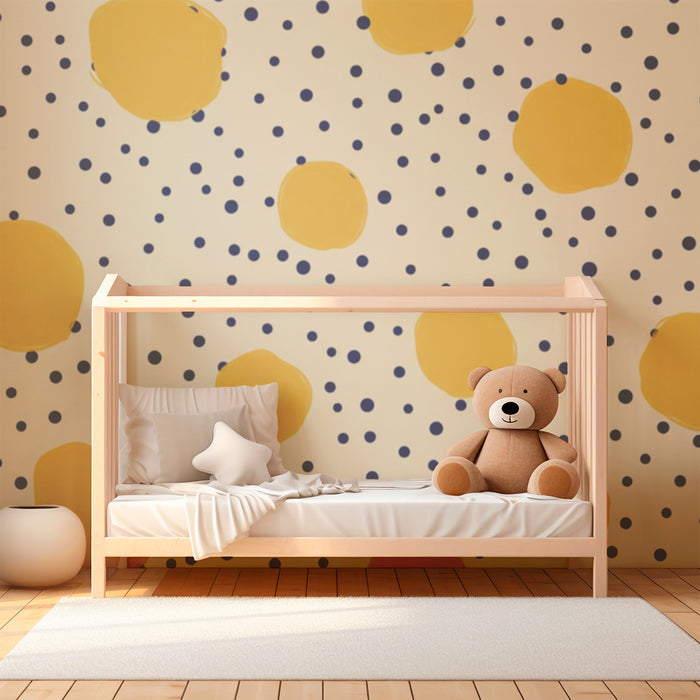Papel de parede para quarto de bebé | Bolinhas amarelas e azuis sobre fundo creme