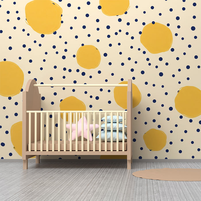 Papel de parede para quarto de bebé | Bolinhas amarelas e azuis sobre fundo creme