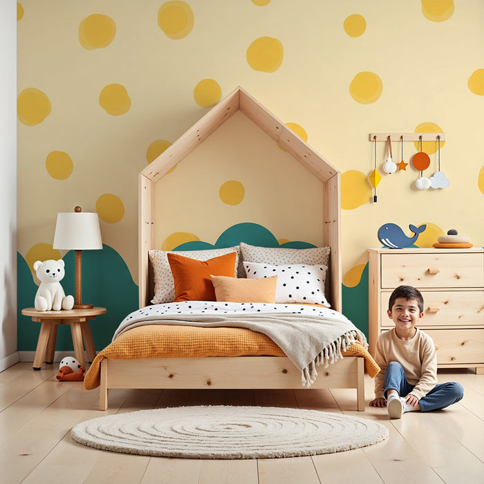 Papel de parede quarto bebê | Bolinhas amarelas em fundo creme com ondas turquesa