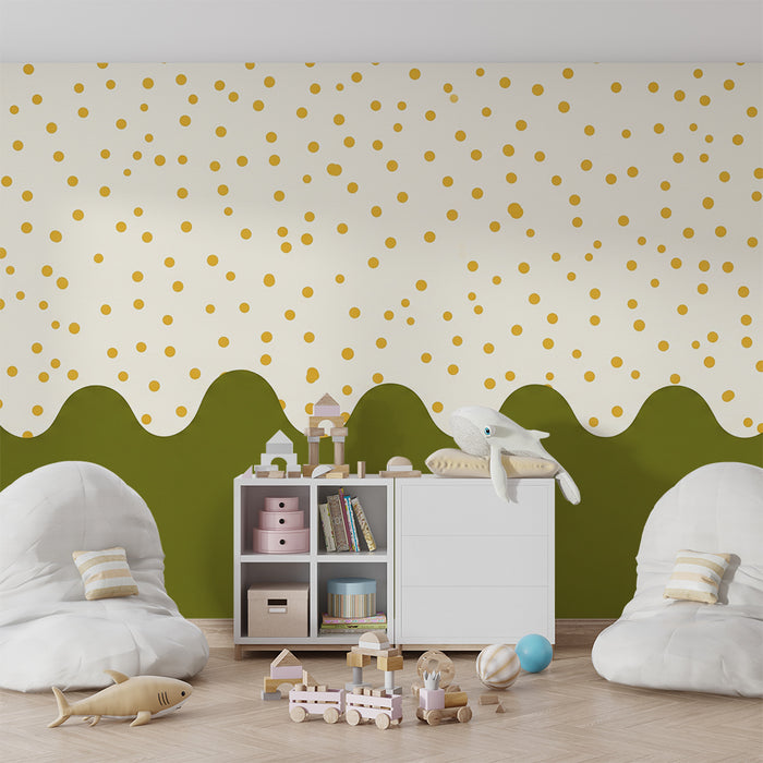 Papel de parede quarto bebê | Bolinhas amarelas em fundo creme com ondas verdes