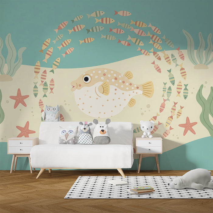 Papel de parede para quarto de bebé | Peixe-palhaço e o seu cardume de peixinhos num cenário marinho
