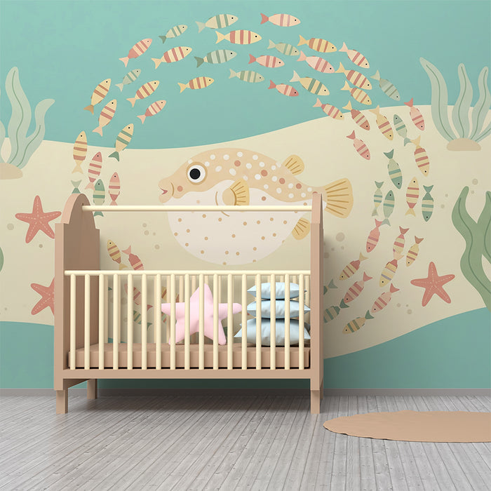 Papel de parede para quarto de bebé | Peixe-palhaço e o seu cardume de peixinhos num cenário marinho