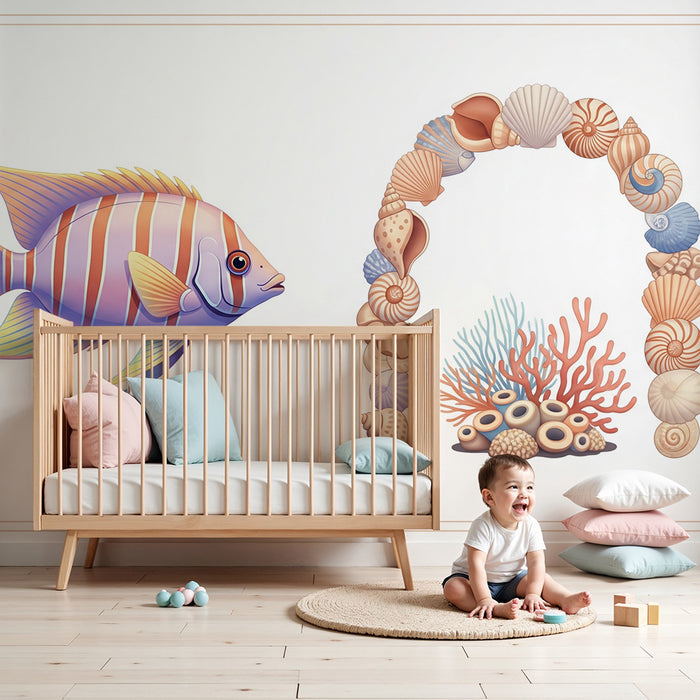 Papier peint chambre bébé | Poisson coloré et coquillages marins