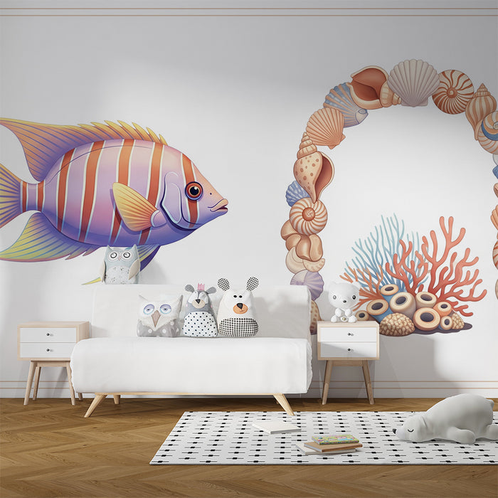 Papier peint chambre bébé | Poisson coloré et coquillages marins