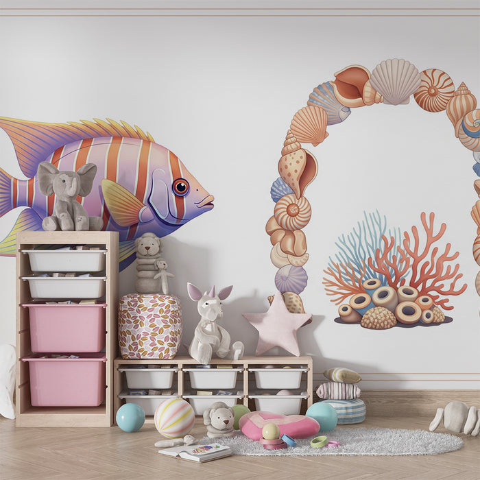 Papier peint chambre bébé | Poisson coloré et coquillages marins