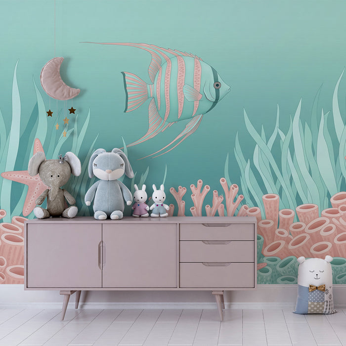 Papier peint chambre bébé | Poisson de mer chaude dans un univers marin doux