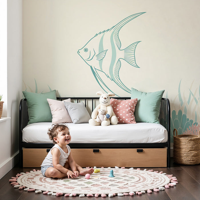 Tapete Babyzimmer | Eleganter Fisch und bunte Korallen unter Wasser