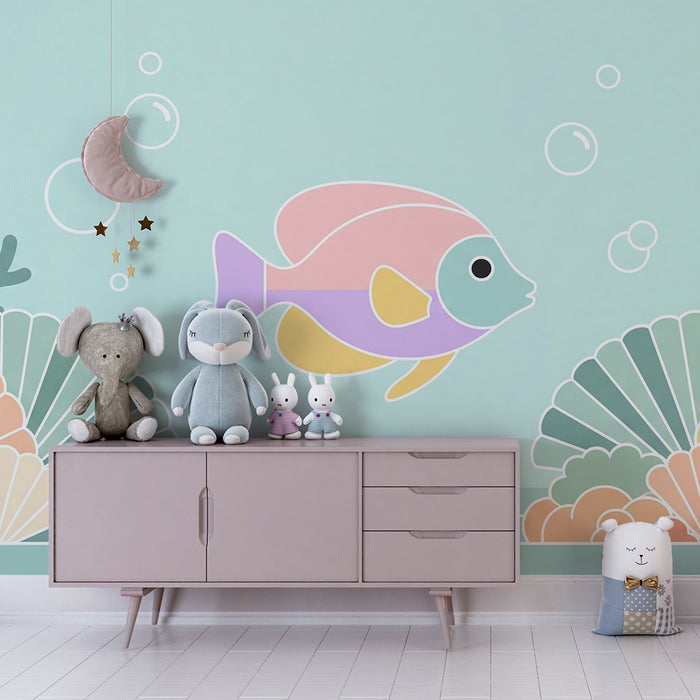 Papel de parede para quarto de bebé | Peixe exótico e corais num universo subaquático