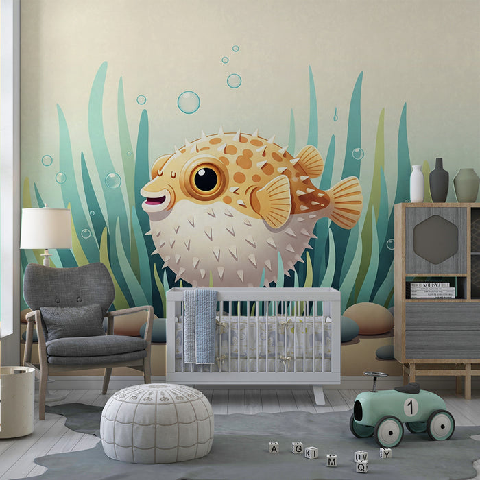 Papier peint chambre bébé | Poisson globe joyeux dans un décor sous-marin apaisant