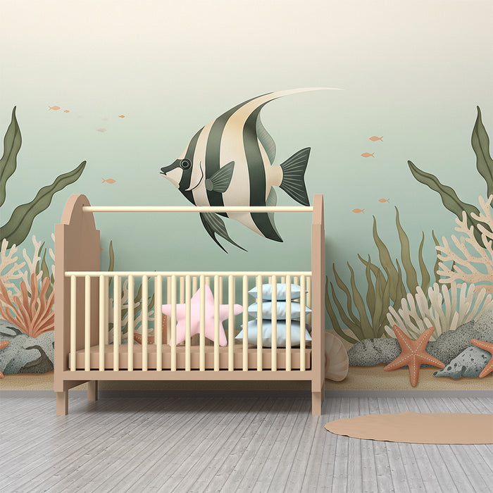 Papel de parede para quarto de bebé | Peixe majestoso e corais subaquáticos suaves