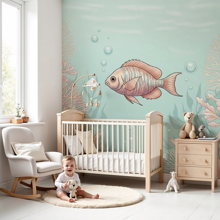 Papel de parede para quarto de bebé | Peixe a nadar entre corais pastel