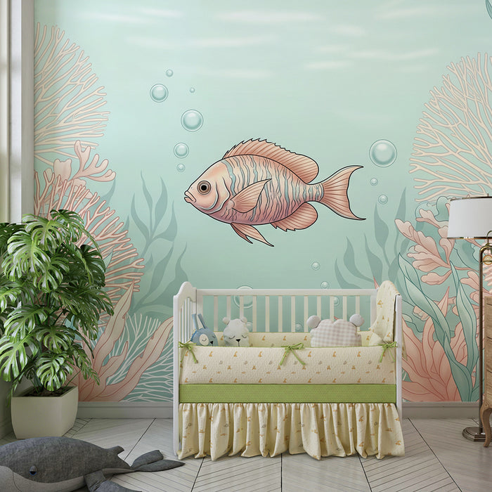 Papel de parede para quarto de bebé | Peixe a nadar entre corais pastel